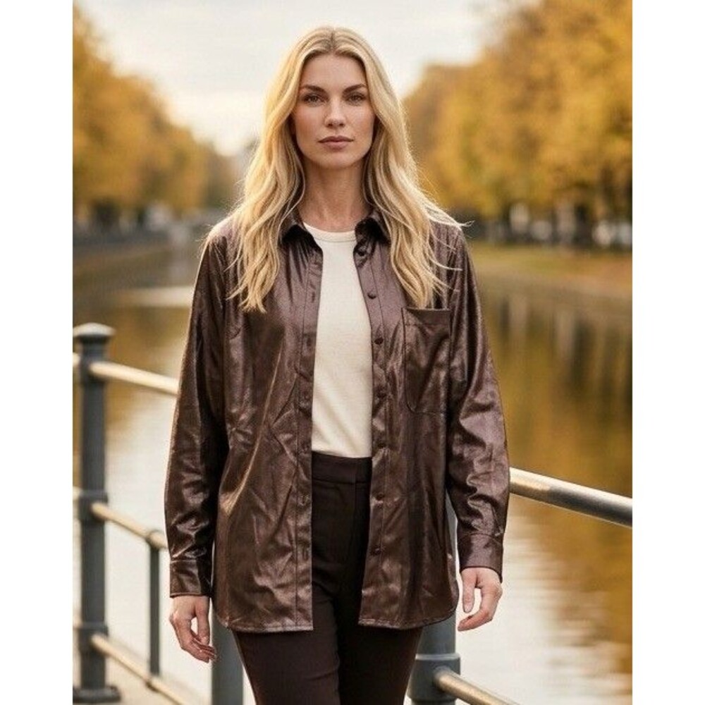 A New Day Brown Faux Leather Collared Button-Up Long Sleeve Shirt Top S